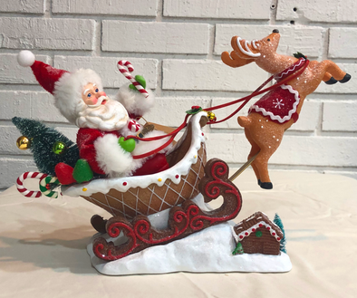 Santa in Gingerbread Sled w/Deer