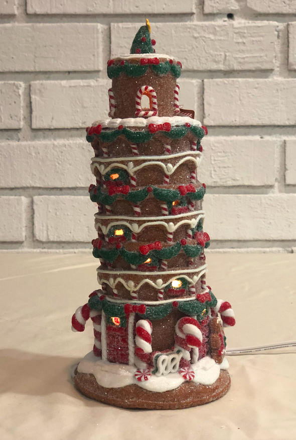 10" Gingerbread Leaning Tower of Pisa w/C7 Bulb
