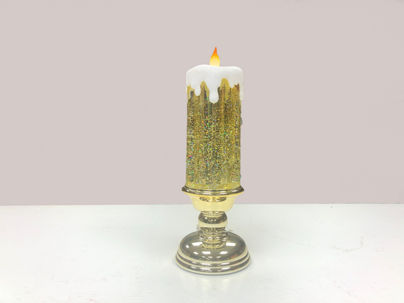 Gold Pedestal Lighted Candle Swirling Glitter