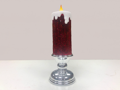Red Pedestal Lighted Candle Swirling Glitter